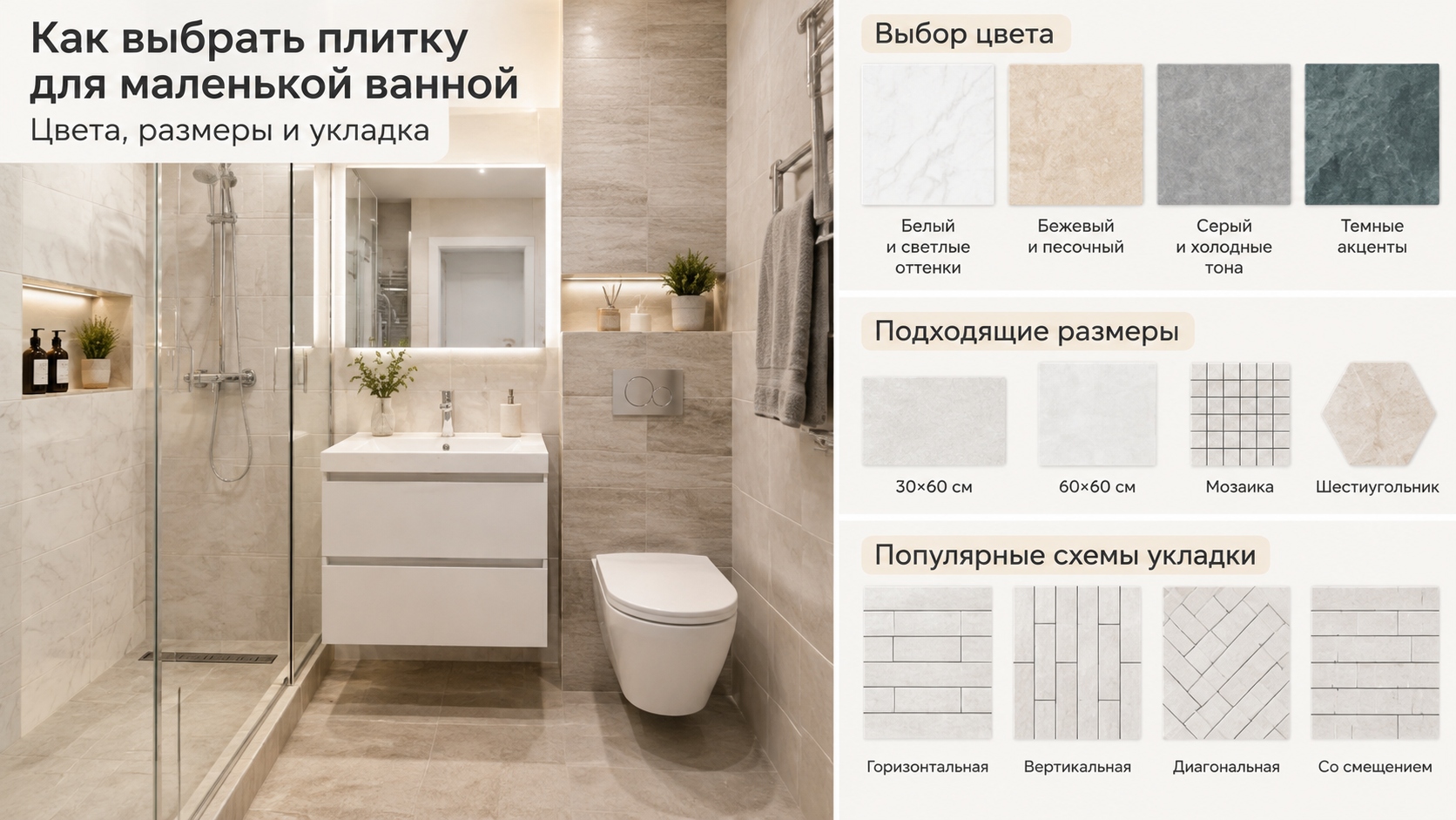 Как выбрать плитку для маленькой ванной: цвета, размеры и укладка
